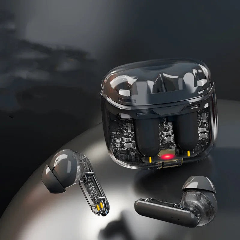 Transparent cabinet wireless Bluetooth in-ear headset in black, white, and purple colour options.