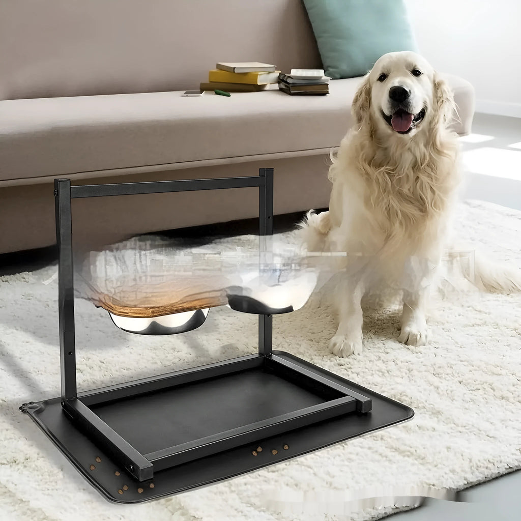 Black iron dog bowl feeding station set with two bowls on a rack, showing three height adjustment levels.
