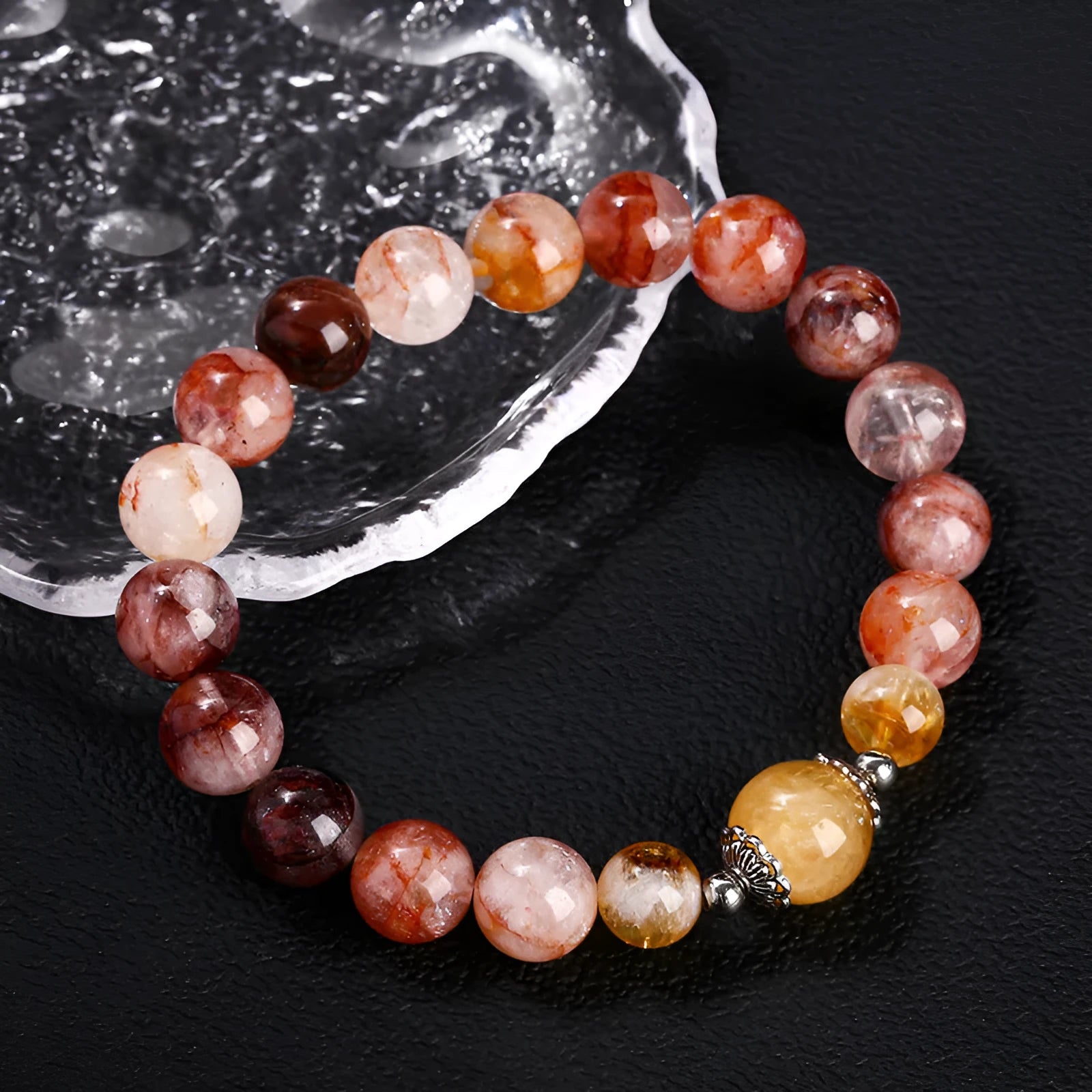 Handmade red sealant flower citrine crystal bracelet with 10mm geometry beads
