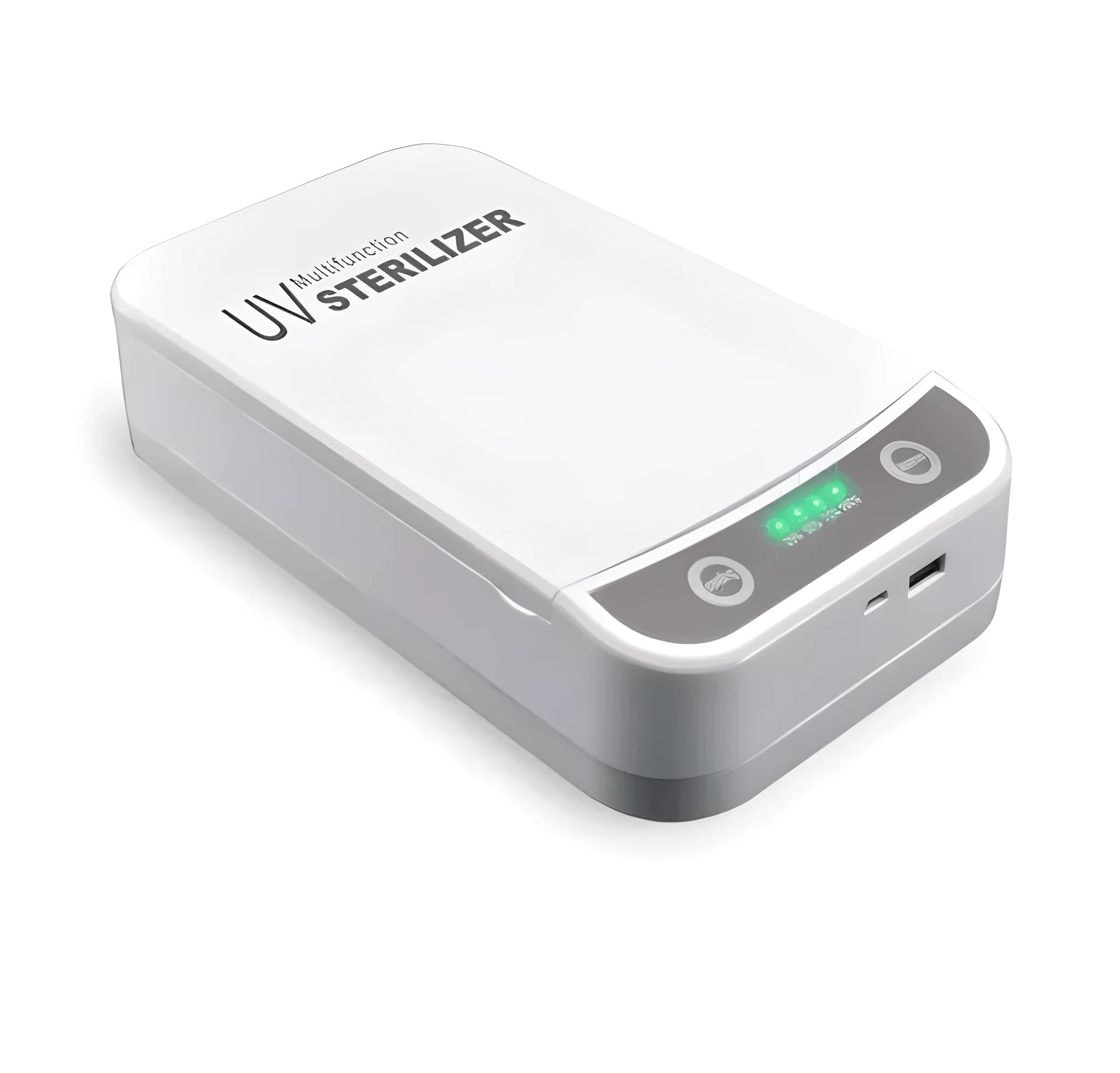 White UV disinfection box open showing internal compartment with UV lights, mobile phone inside