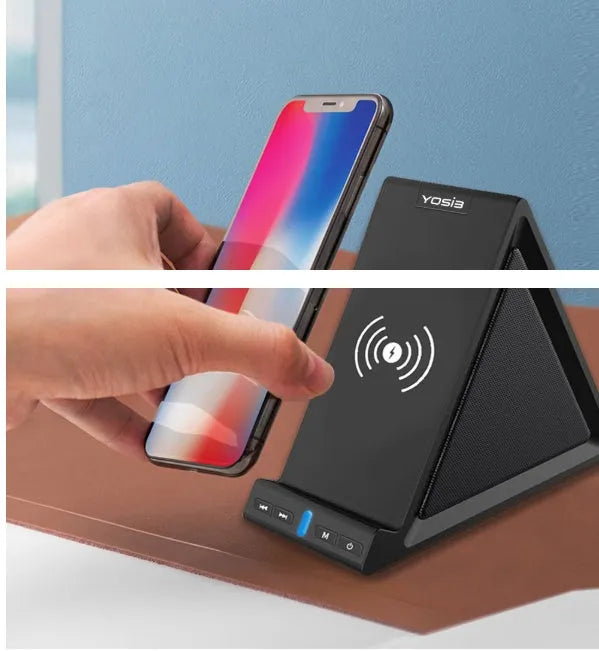 Black multifunctional Bluetooth speaker with integrated wireless charging pad and phone stand.