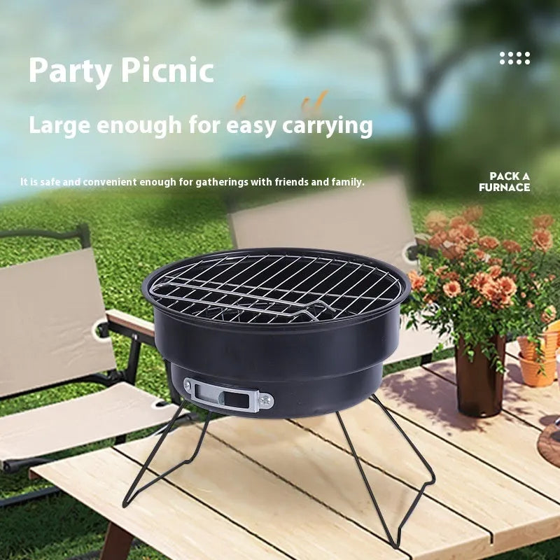 Small folding round outdoor ice stove grill set with mesh, leg, and storage bag