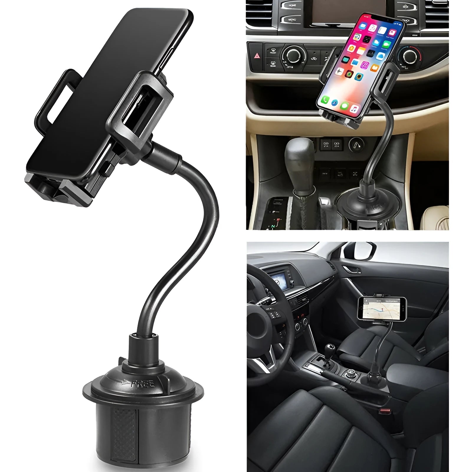 Black car-mount phone bracket with adjustable side handles showing 360-degree rotation and vent clip attachment