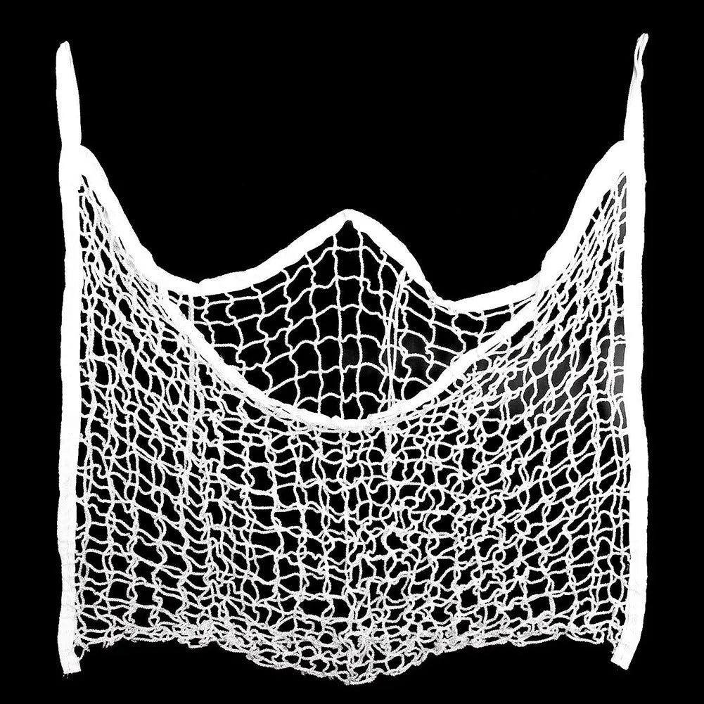 Black woven grid horse feeding bag hanging, showing size options for cattle, horses and sheep.