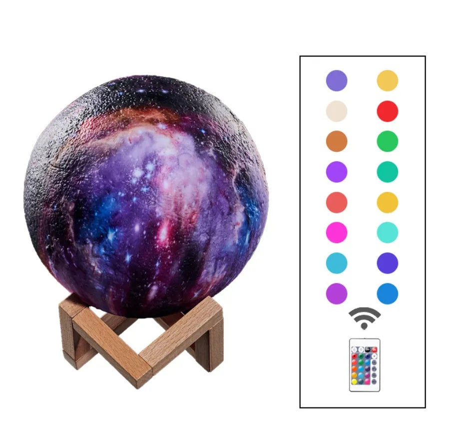 White 3D printed moon-shaped night light on a dark surface, demonstrating its textured surface and soft LED glow.
