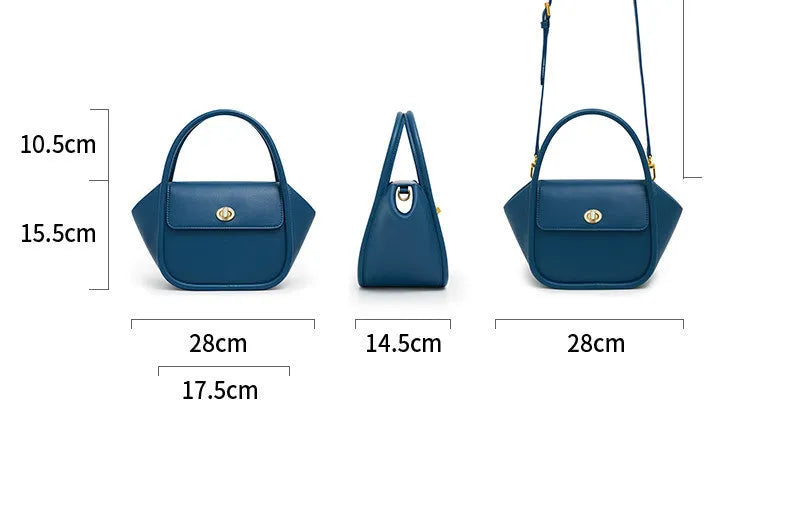 A wing-shaped cow leather women's tote bag with a cross-body strap and latch closure in a choice of colours.