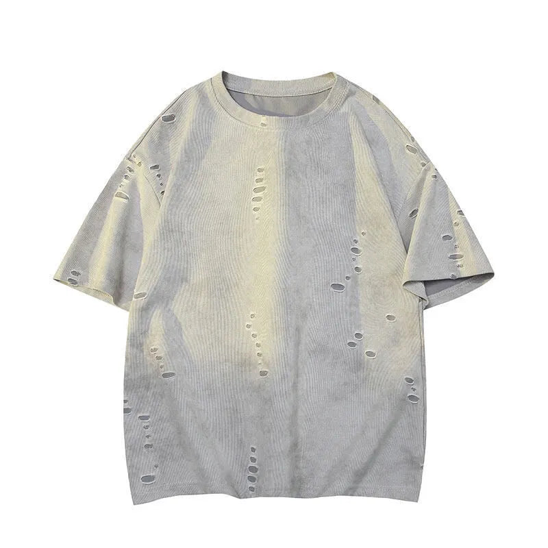 Men's grey loose-fit ripped short sleeve cotton blend T-shirt on a hanger.