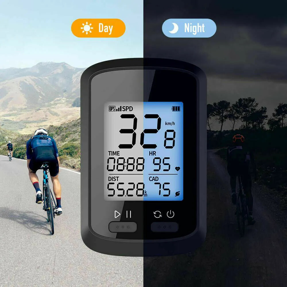 Black waterproof bicycle stopwatch with digital display mounted on bike handlebars using magnetic attachment system