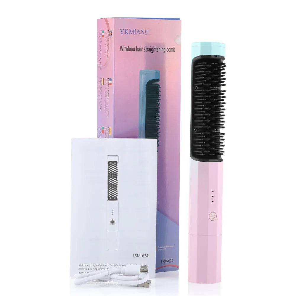 Pink cordless straightening comb with USB charging port and heat-protected comb teeth
