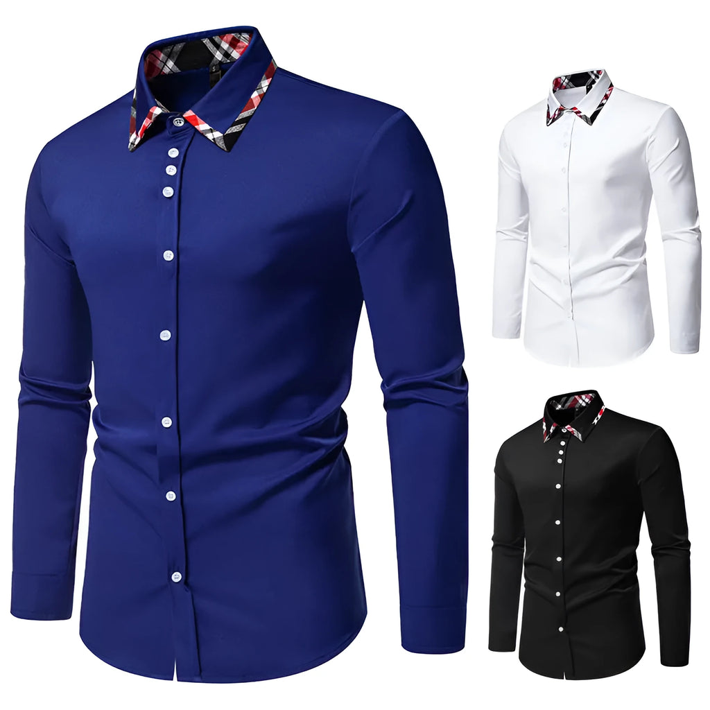 Men's plaid contrast colour triangle collar long sleeve casual shirt