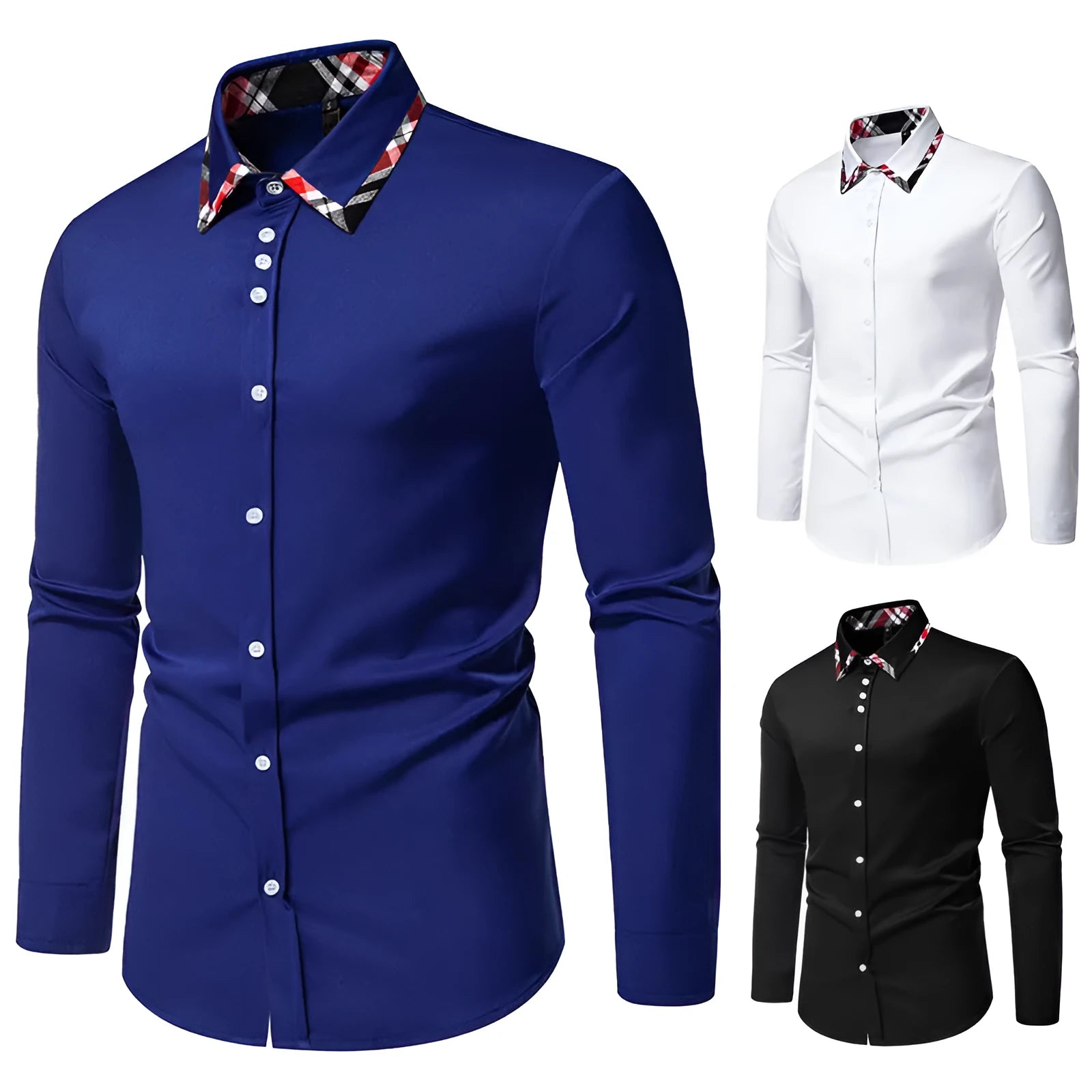 Men's plaid contrast colour triangle collar long sleeve casual shirt