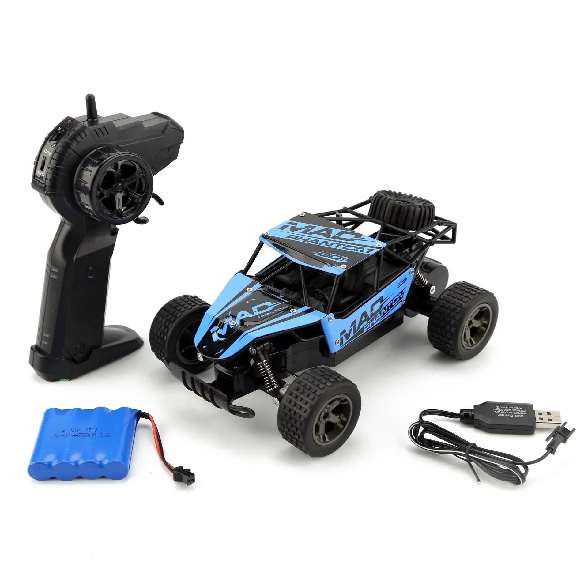 Blue and yellow 1:18 scale remote control off-road car with 2.4Ghz transmitter