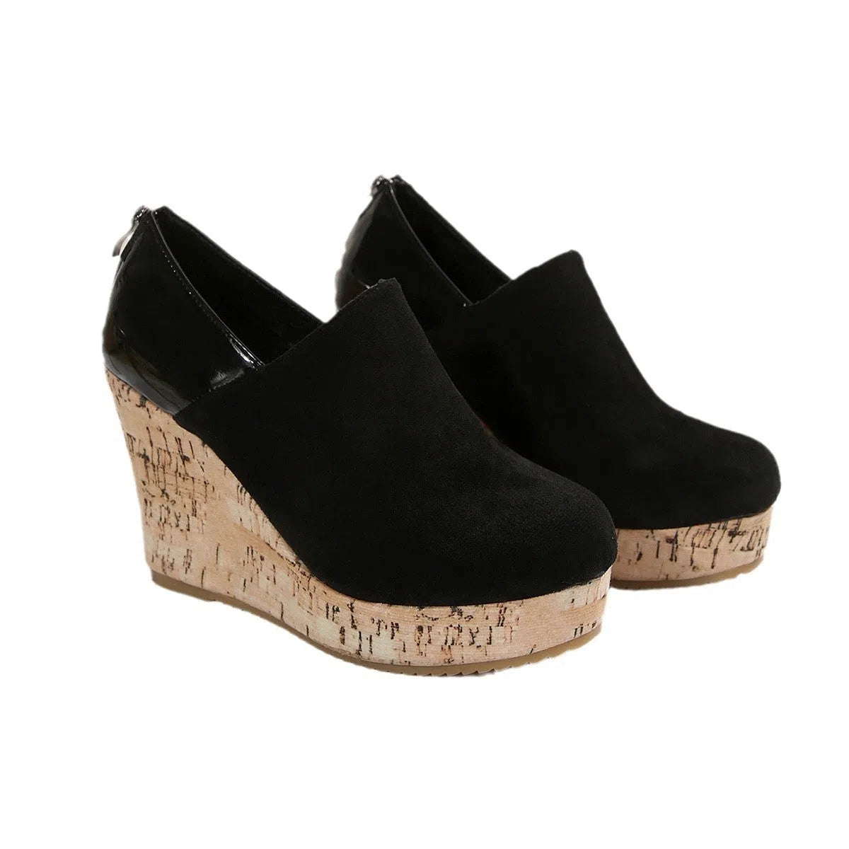 Women's wedge heels in black suede and leather patchwork with round toe and back zipper closure.