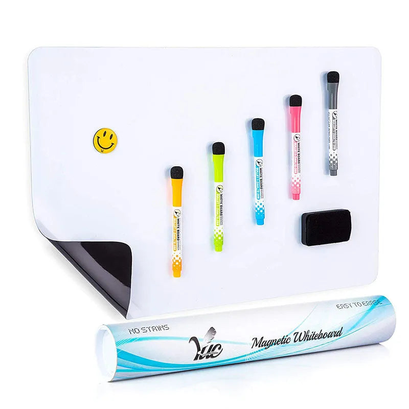 A3 size flexible magnetic whiteboard with rounded corners on a refrigerator door