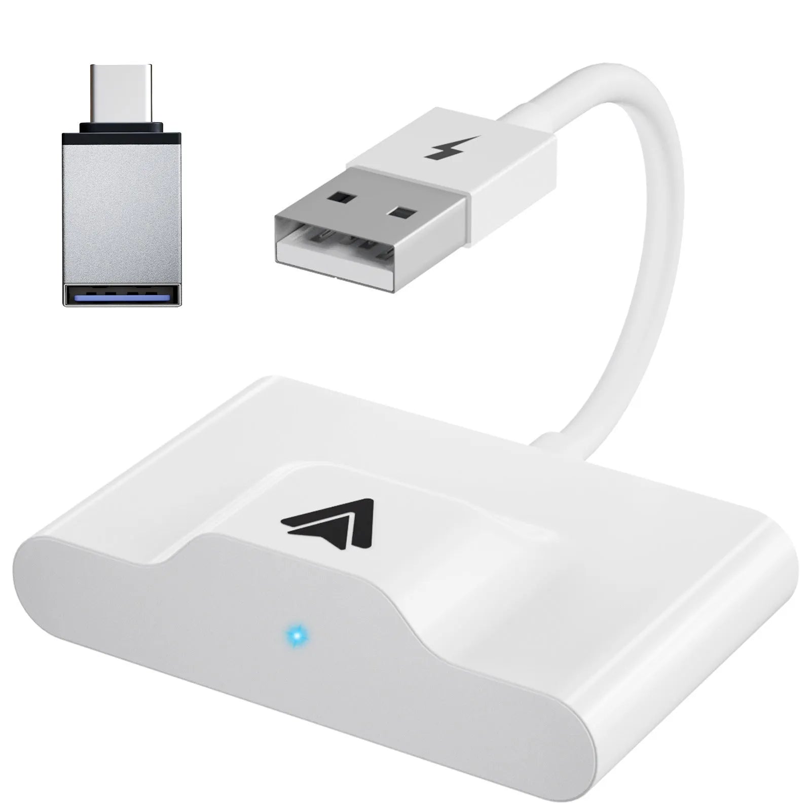 Black and white wireless Carplay adaptor for Android phones next to a car steering wheel