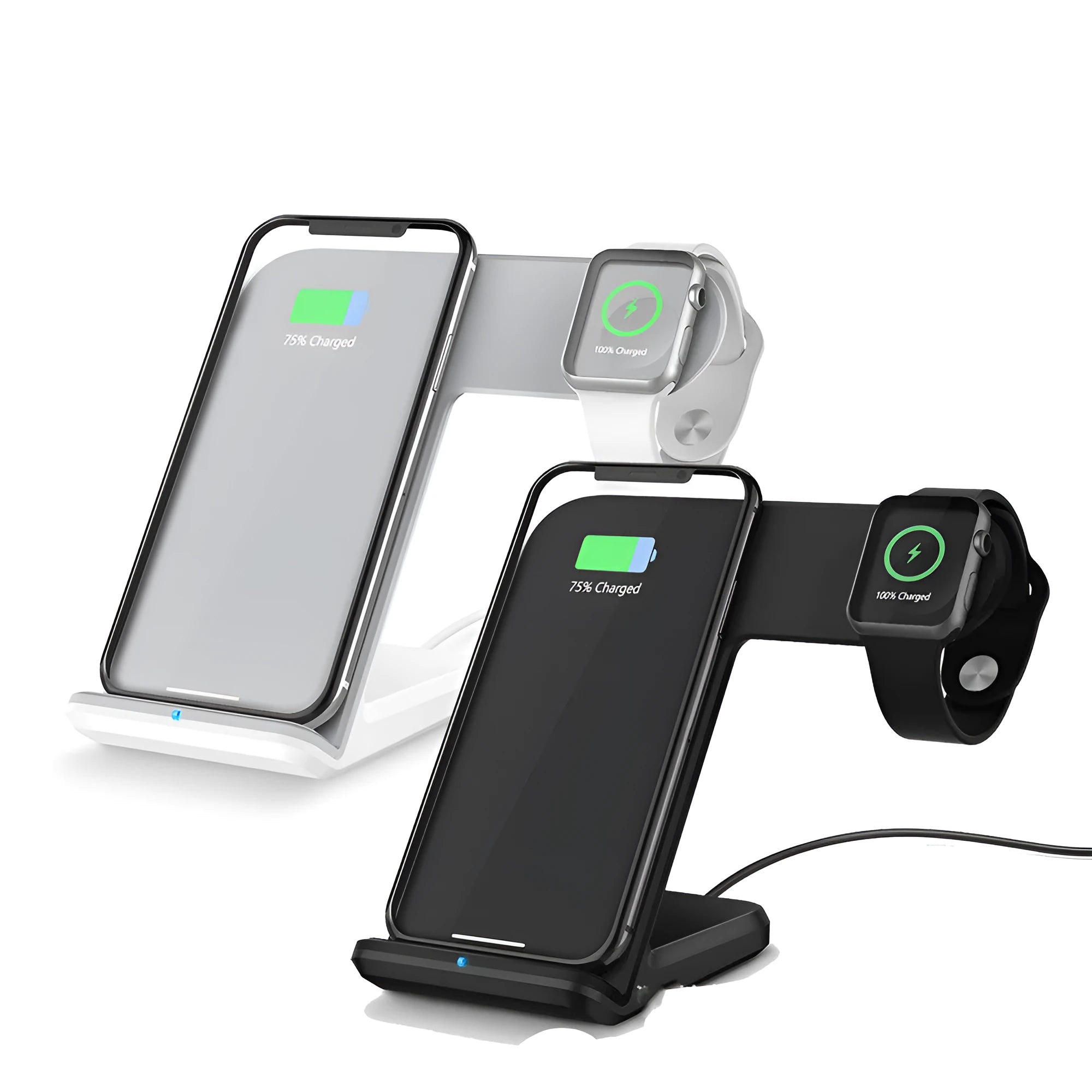 Black wireless phone charger stand with cooling fan showing phone charging upright