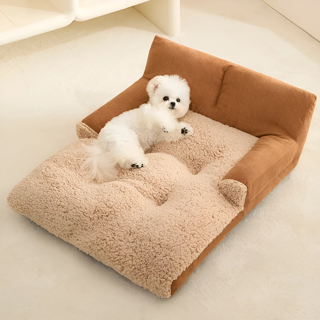 Grey removable plush cover dog kennel cushion mat with anti-slip base in three sizes.