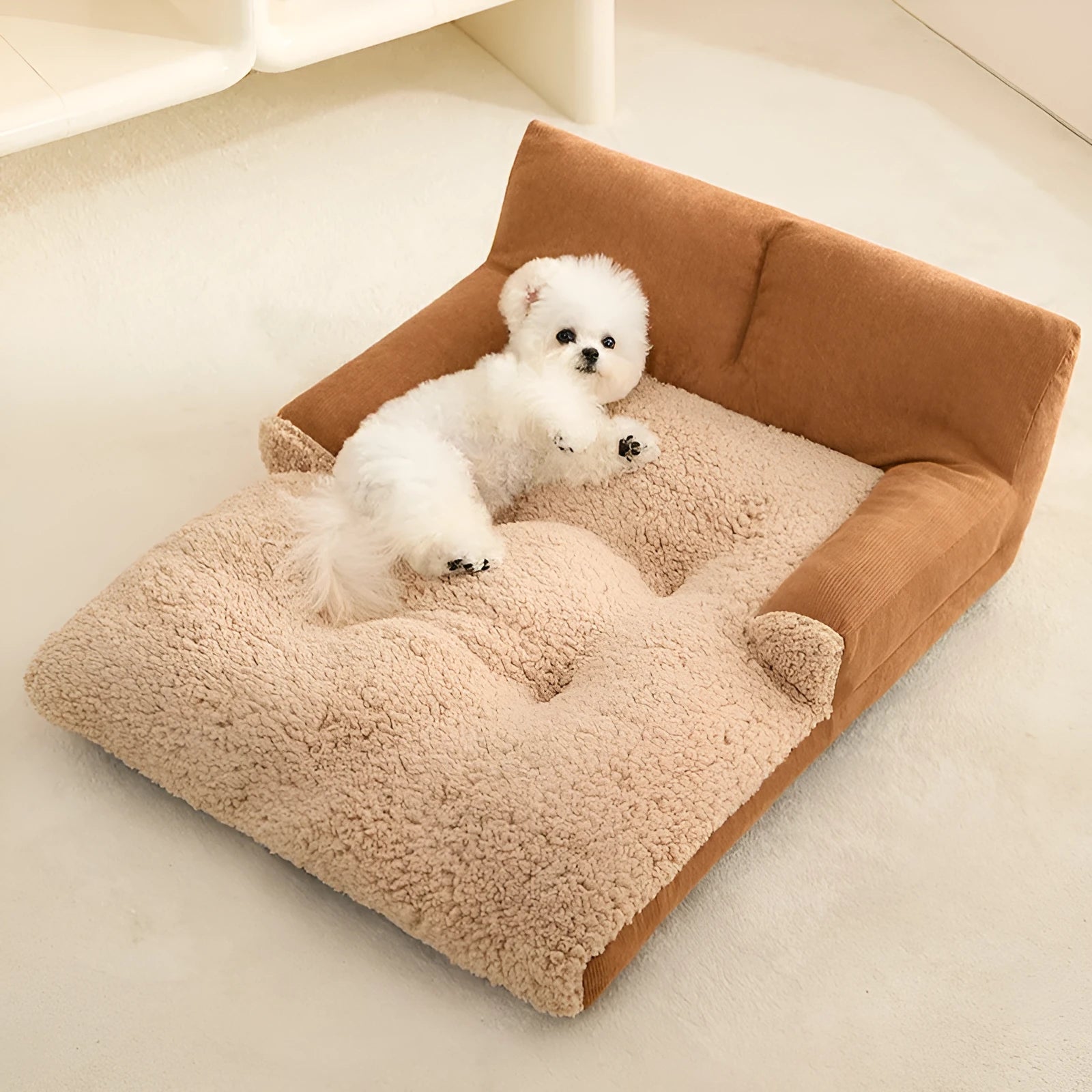 Grey removable plush cover dog kennel cushion mat with anti-slip base in three sizes.