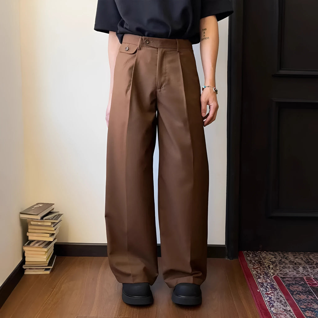 Men's straight-leg casual trousers in black with wide-leg loose cut