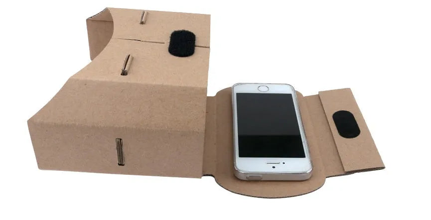 Photo colour carton virtual reality glasses headset for smartphones measuring 153mm by 83mm.