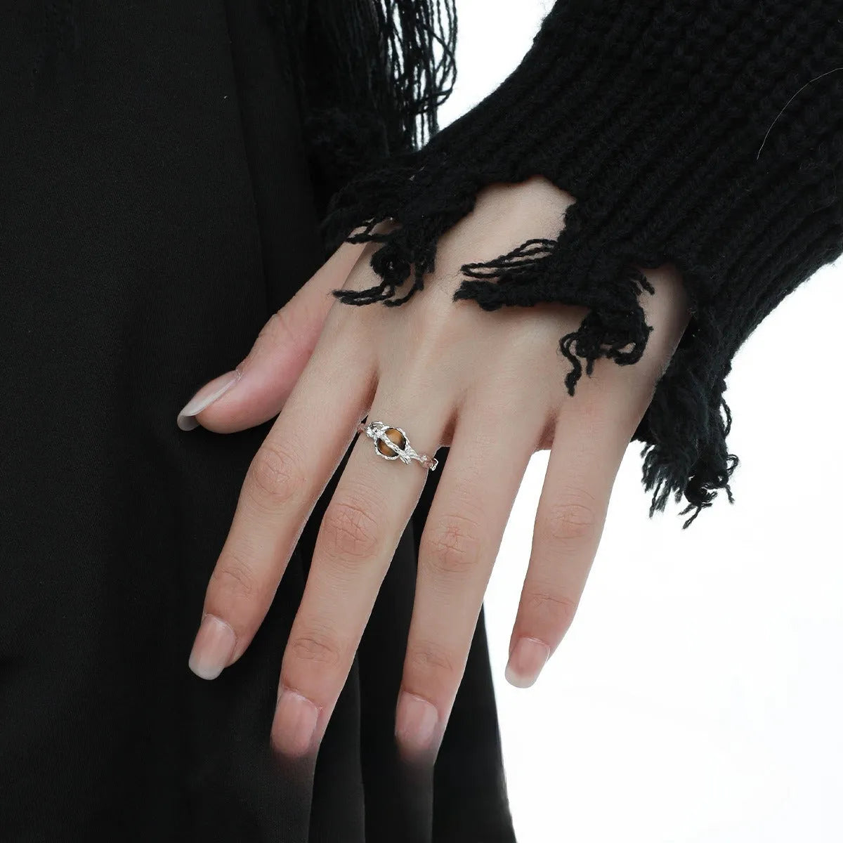 Women's adjustable Saturn Tigereye open ring in silver electroplated white gold colour.