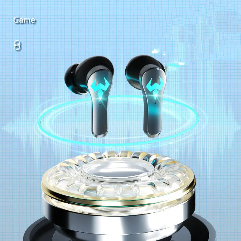 Black wireless Bluetooth gaming headset with in-ear design and microphone