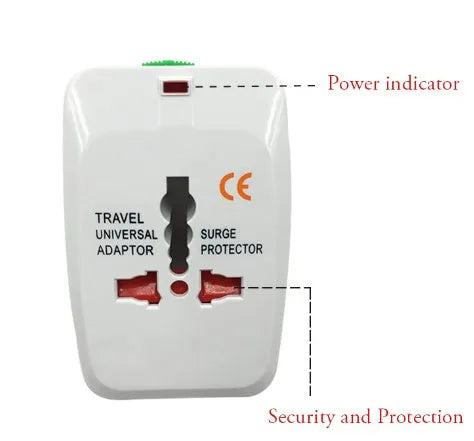 White universal travel plug adapter showing pins, sized at 73 by 50 by 39 millimetres.