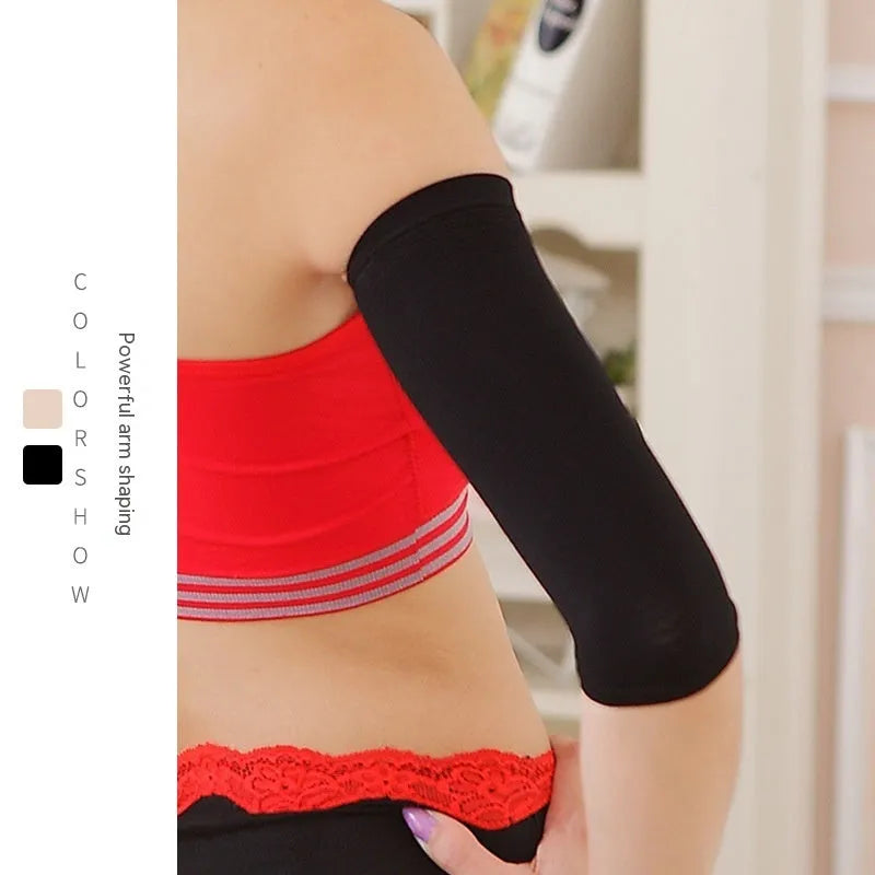 Black and skin colour women's shaping arm sleeves made from nylon blend fabric.