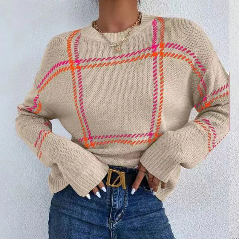 Women's loose-fit plaid colour-block crew neck sweater in acrylic.