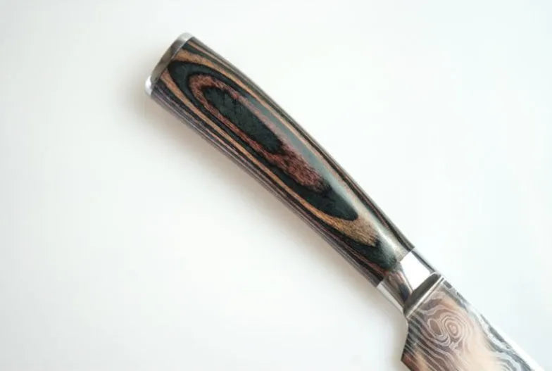 Professional 7Cr17 stainless steel kitchen knife with laser Damascus pattern and coloured wood handle