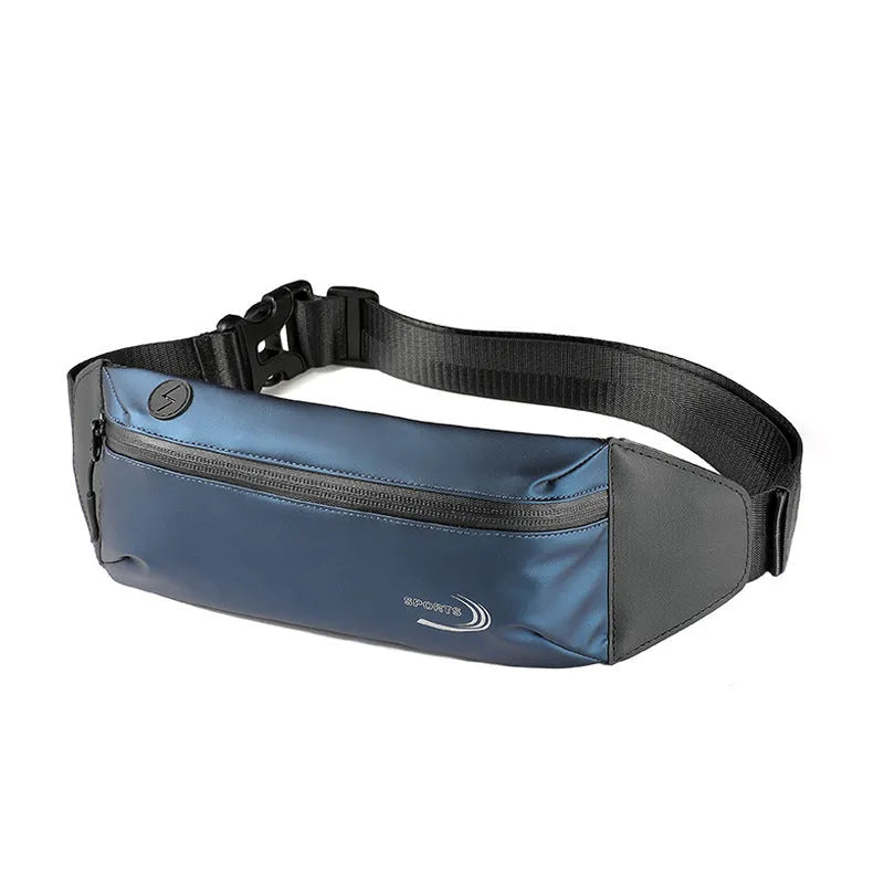 Men's blue waterproof Derm Oxford polyester waist bag for sports, showing its slim 45cm profile.