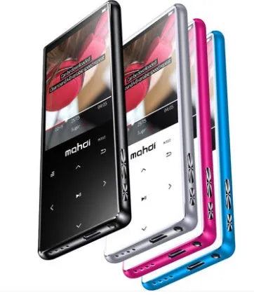 Ultra-thin portable MP3 player with 2.4-inch touchscreen, available in black, silver, blue, or red colours.