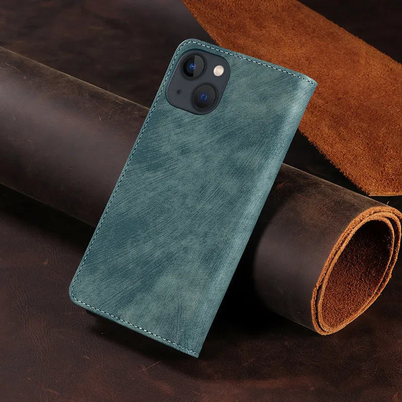 Magnetic flip phone case for iPhone in solid colours, showing TPU frame and leather cover.