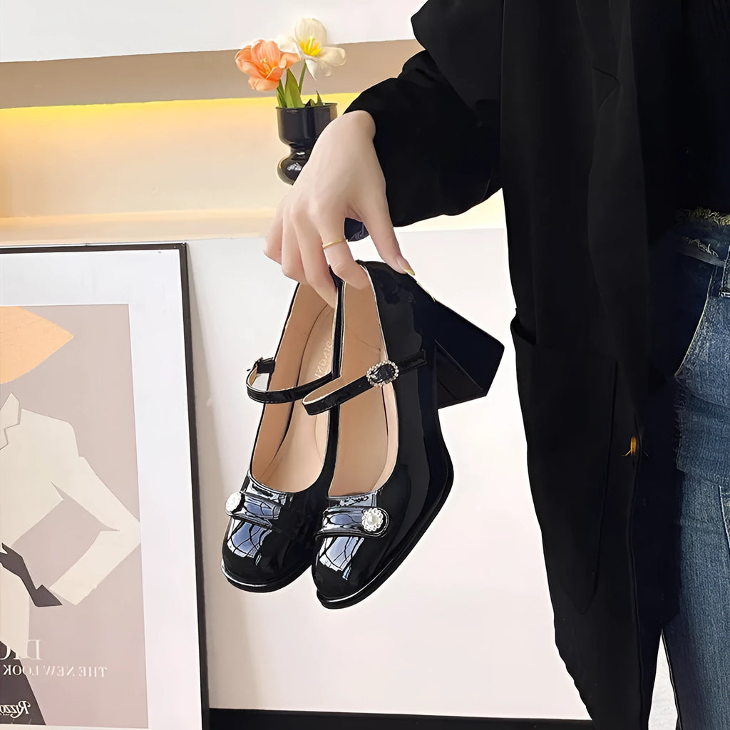 Women's patent leather chunky heel shoes in black or apricot for wide feet sizes 31-45