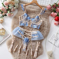 Lace embroidered transparent push up bra and pants set in light blue or purple colours