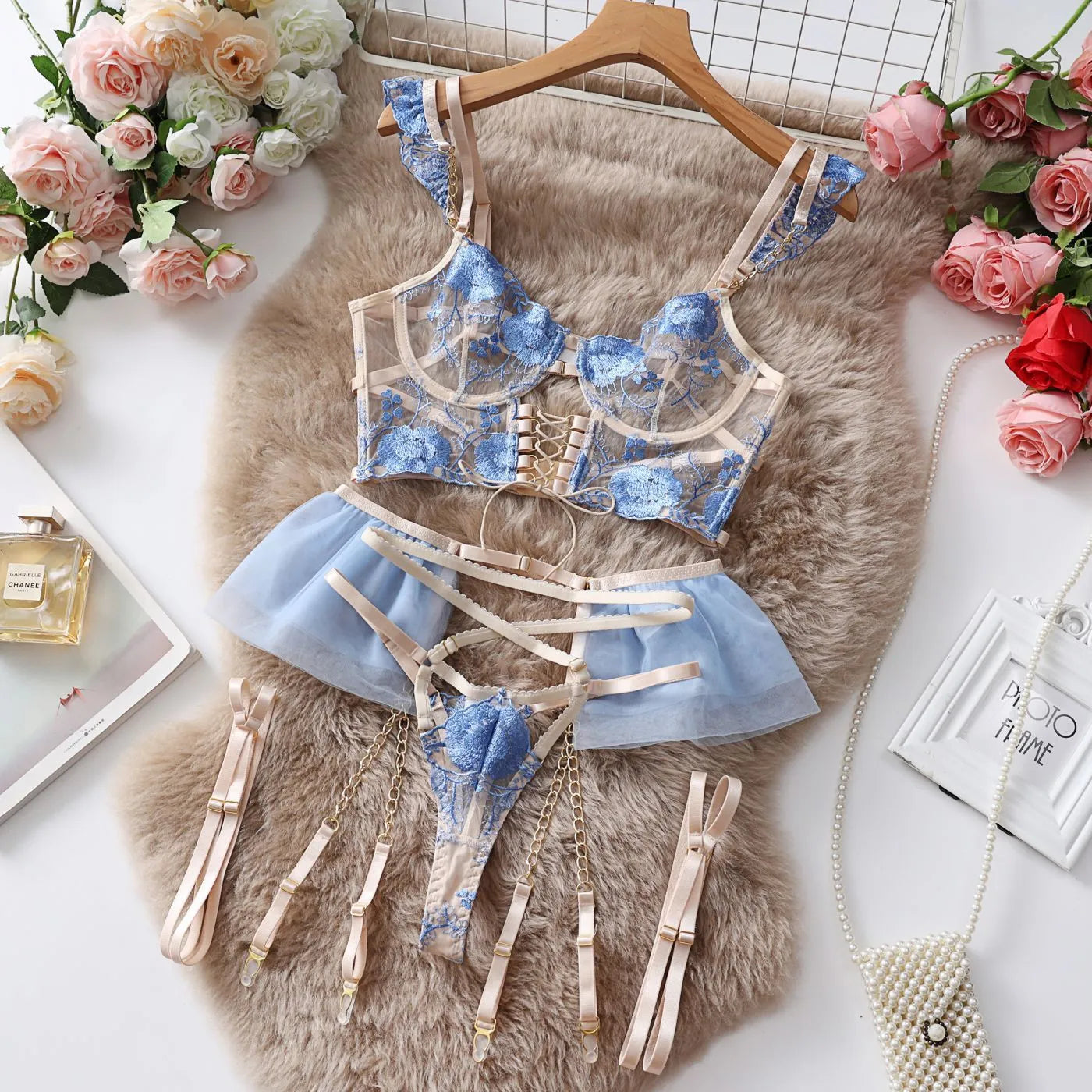Lace embroidered transparent push up bra and pants set in light blue or purple colours
