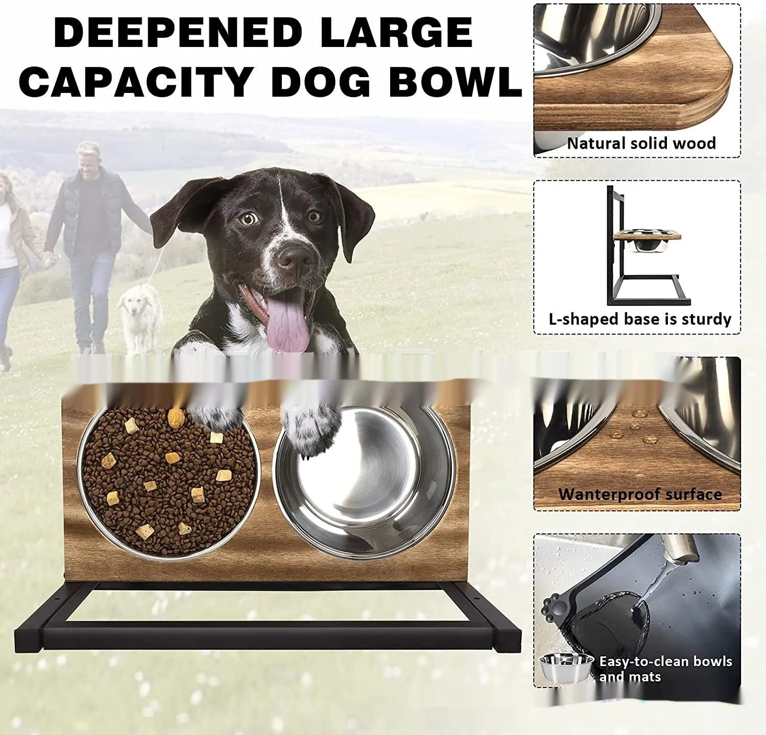 Black iron dog bowl feeding station set with two bowls on a rack, showing three height adjustment levels.