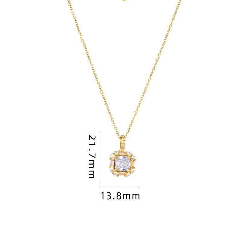 Women's titanium steel geometric zircon clavicle chain necklace with water wave chain in gold.