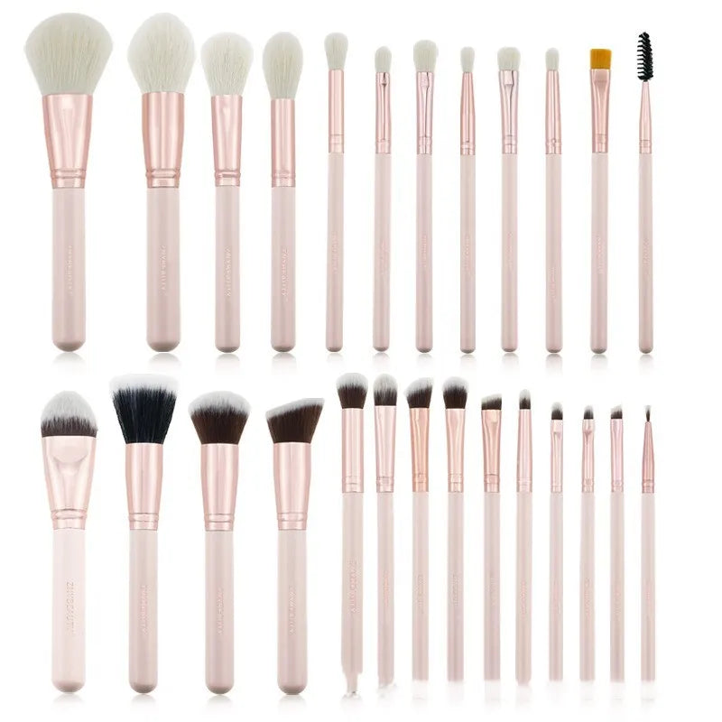 26 pink-handled makeup brushes with wooden handles and a PU storage bag.