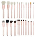 26 pink-handled makeup brushes with wooden handles and a PU storage bag.