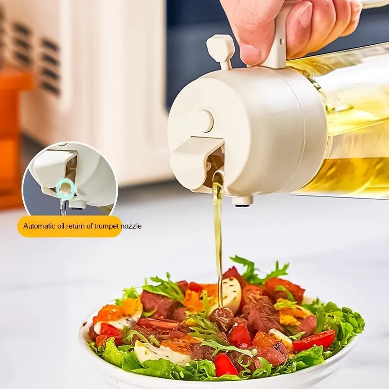 Glass olive oil sprayer and pour bottle with ergonomic handle in four colour options