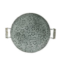 Black round wrought iron belt storage tray shown in two sizes on a wooden surface.