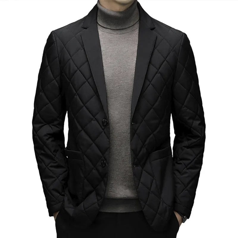 Men's solid colour thick down jacket with lapel, cardigan style, and side seam pockets