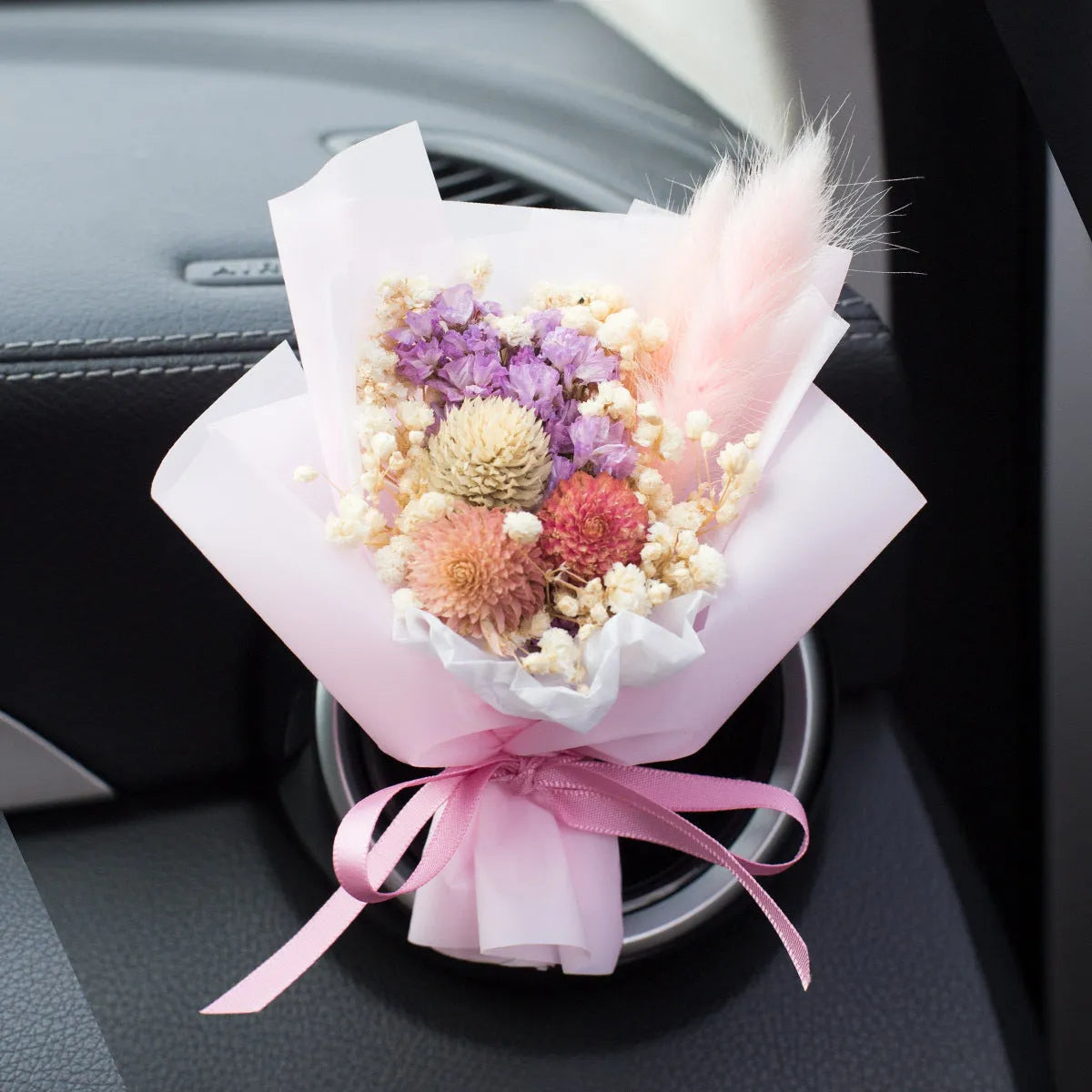 Handmade dried flower bouquet car vent air freshener clip in assorted colours.