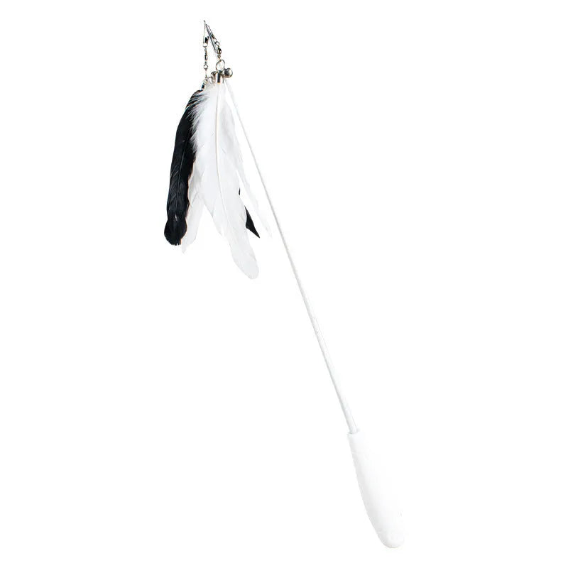 White telescopic cat fishing rod extended with goose feather lure and removable pen attachment