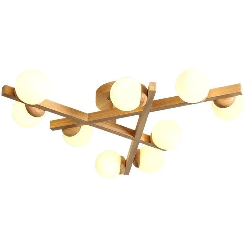 Wooden style modern Nordic ceiling light with three neutral light heads.