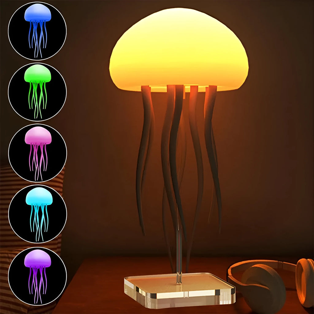 Jellyfish mood lamp with glowing adjustable tentacles and RGB colour-changing effects on a desk