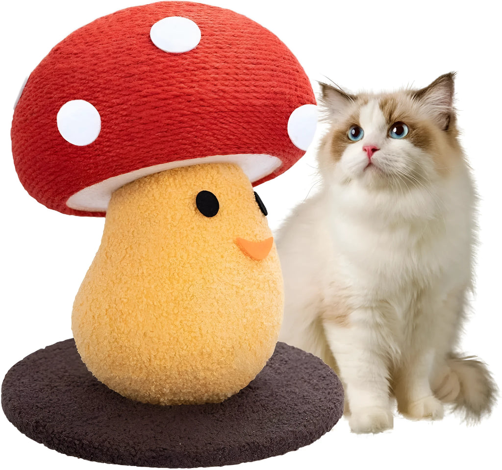 Foldable mushroom-shaped cardboard cat scratcher board on a carpet next to a sofa.
