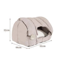 Grey arched fully enclosed cat nest bed with soft sofa exterior, shown next to a green one.