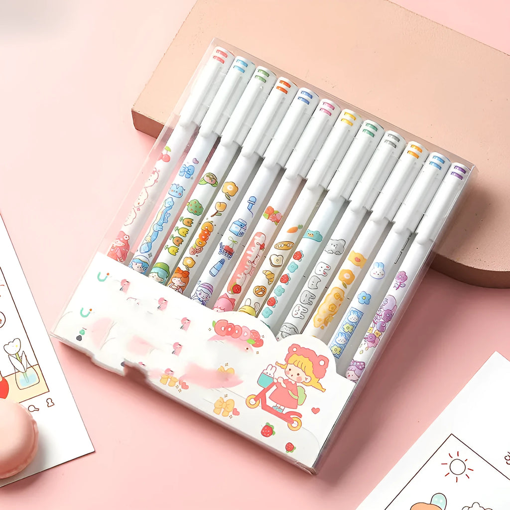 Twelve coloured 0.5mm gel pens in a cartoon-style set for hand account journaling